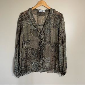 Chico’s Silk ruffle patchwork blouse brown paisley leopard